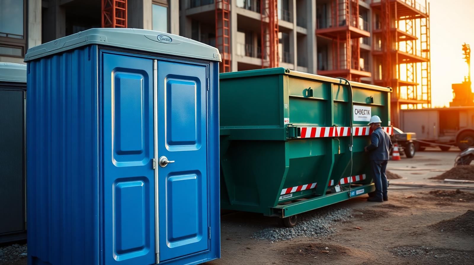 Portable toilet and roll-off dumpster on a construction site